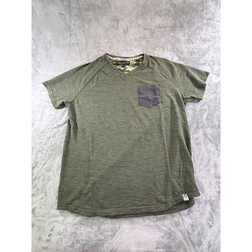 Free Planet Mens Shirt XL Green Striped Short sleeve Pocket T-Shirt